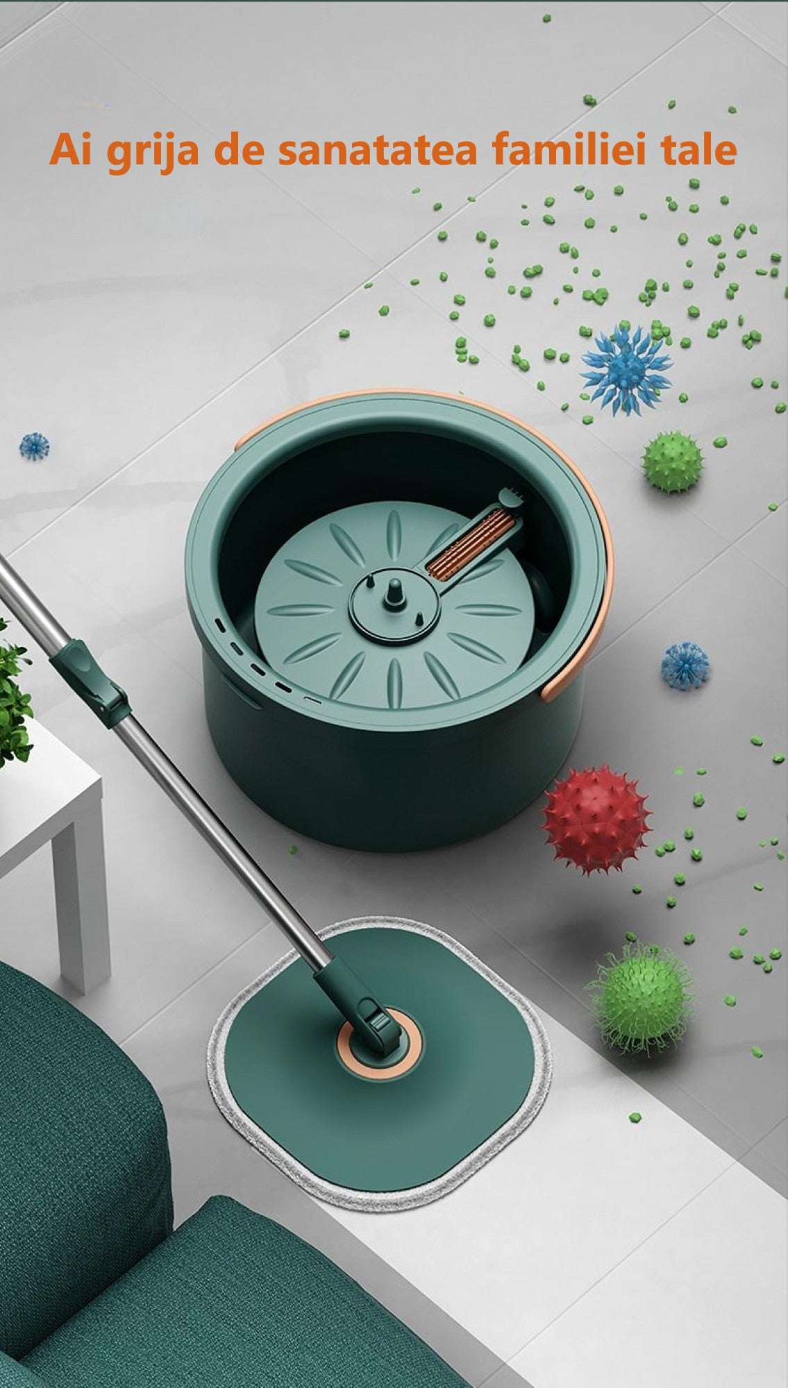 Mop rotativ pătrat cu găleată DreamRamp®, separă apa murdară de cea curată- Verde