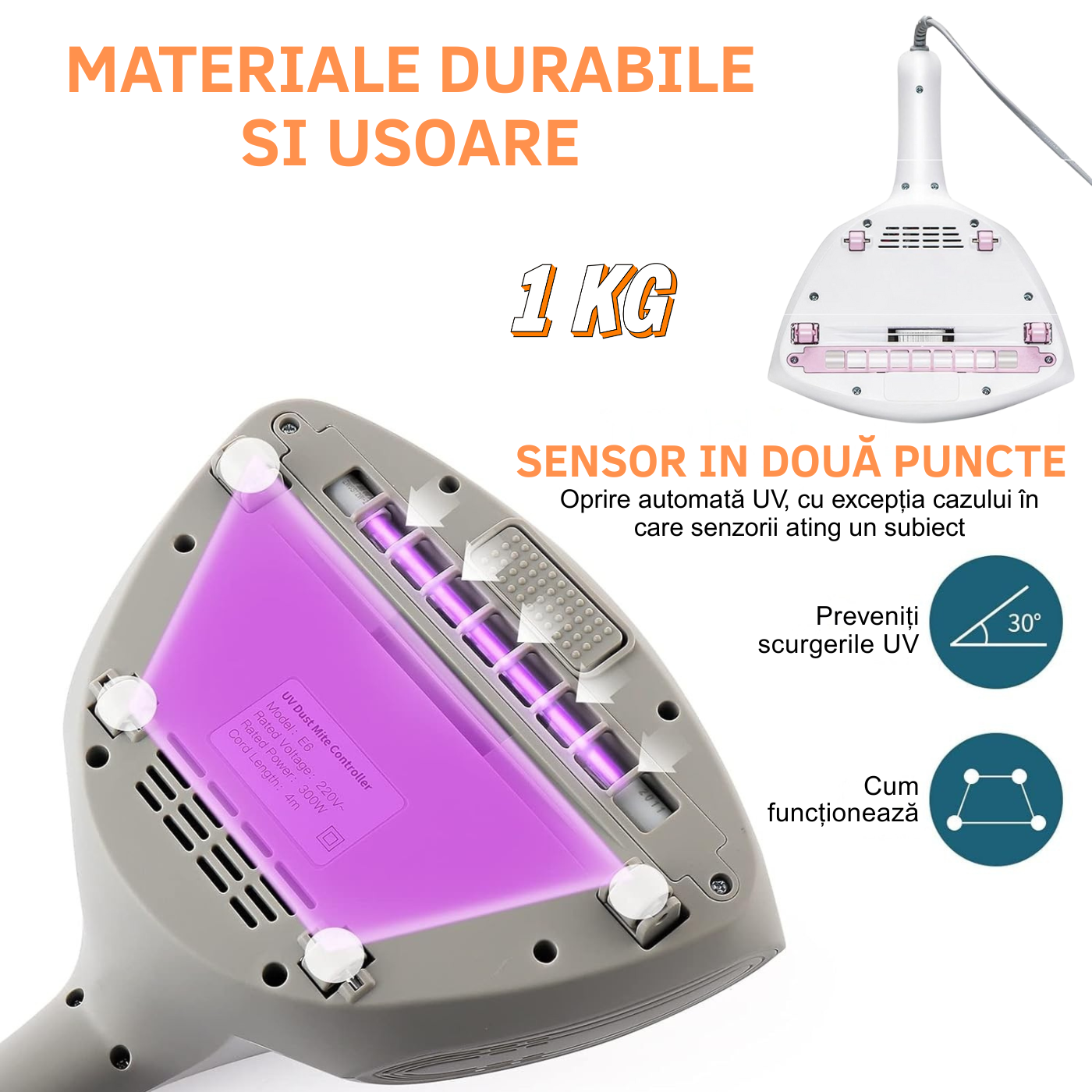 Aspirator antiacarieni, DreamRamp®, UV 253.7nm, aer cald 55°C, putere 300W, aspirație 12.000Pa, filtru HEPA lavabil, curățare saltele, perne, canapele, jucării, igienizare textile, eliminare bacterii, alergeni, umiditate, Alb