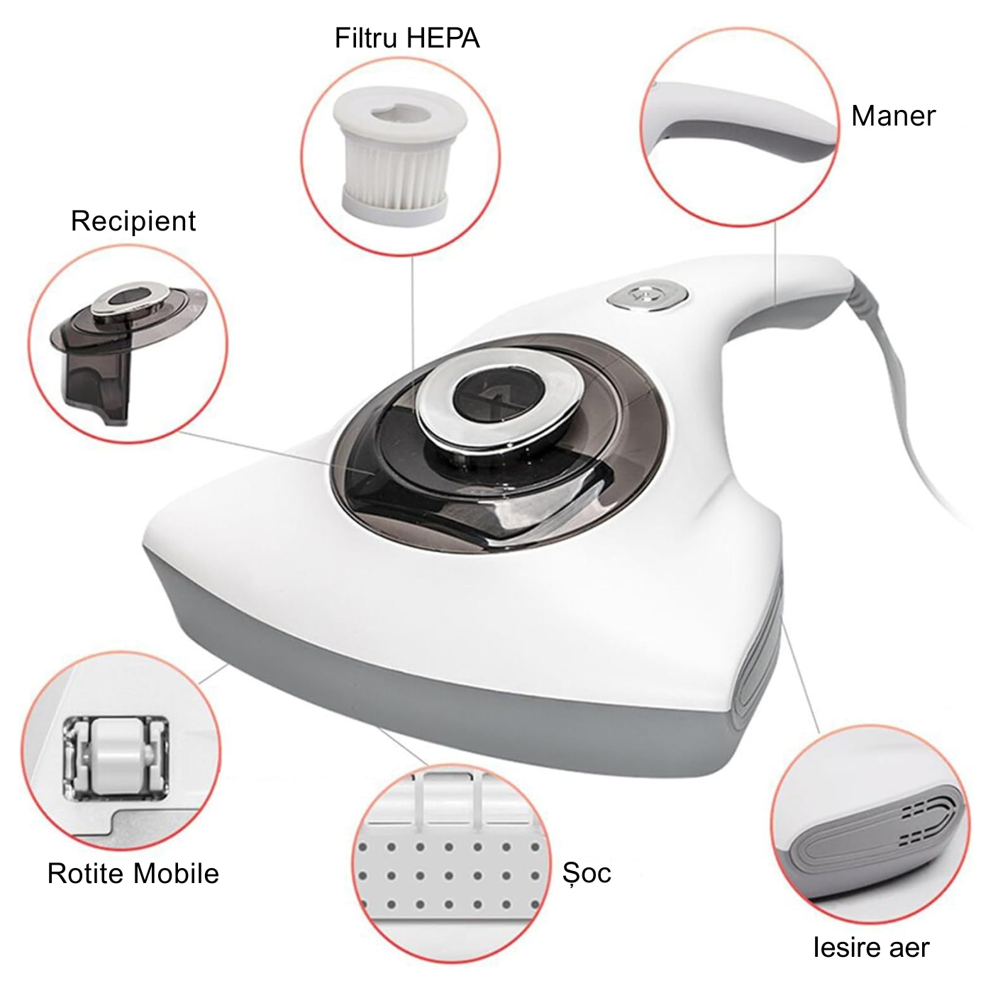 Aspirator antiacarieni, DreamRamp®, UV 253.7nm, aer cald 55°C, putere 300W, aspirație 12.000Pa, filtru HEPA lavabil, curățare saltele, perne, canapele, jucării, igienizare textile, eliminare bacterii, alergeni, umiditate, Alb