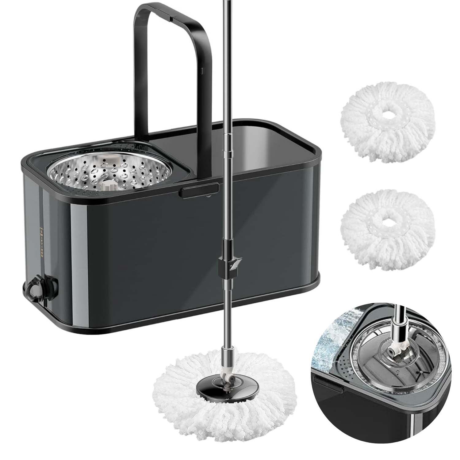 Mop rotativ cu găleată DreamRamp® din inox antibacterian + 2 rezerve mop - Negru