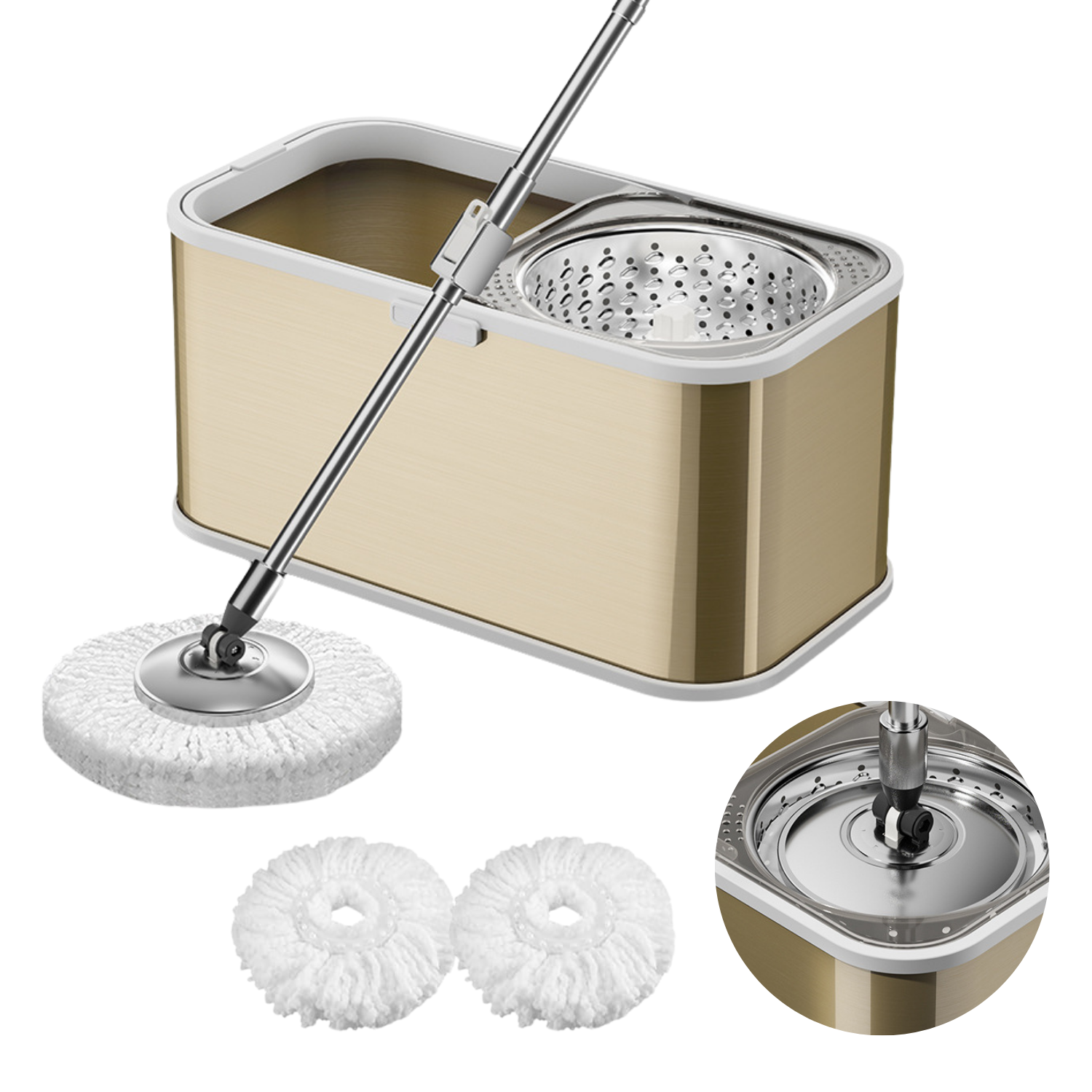 Mop rotativ cu găleată DreamRamp® din inox antibacterian + 2 rezerve mop - Auriu