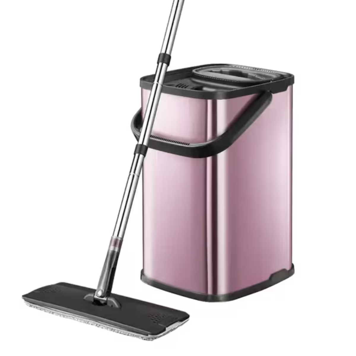 Set DreamRamp galeata mop cu centrifuga din inox galeata dreptunghiulara roz, finisaj lucios si orificiu de scurgerea a apei cu doua rezerve