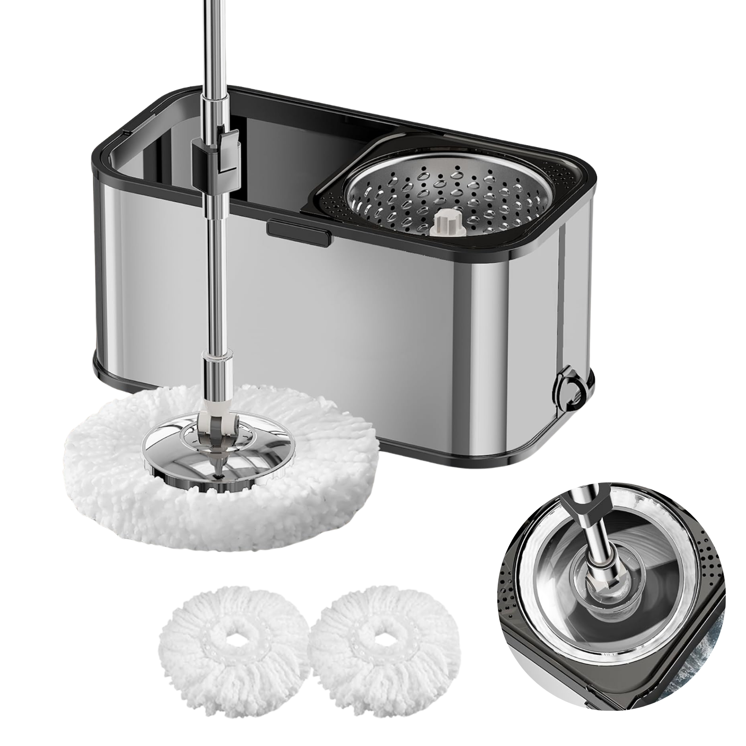 Mop rotativ cu găleată DreamRamp® cu roți, din inox antibacterian - Argintiu