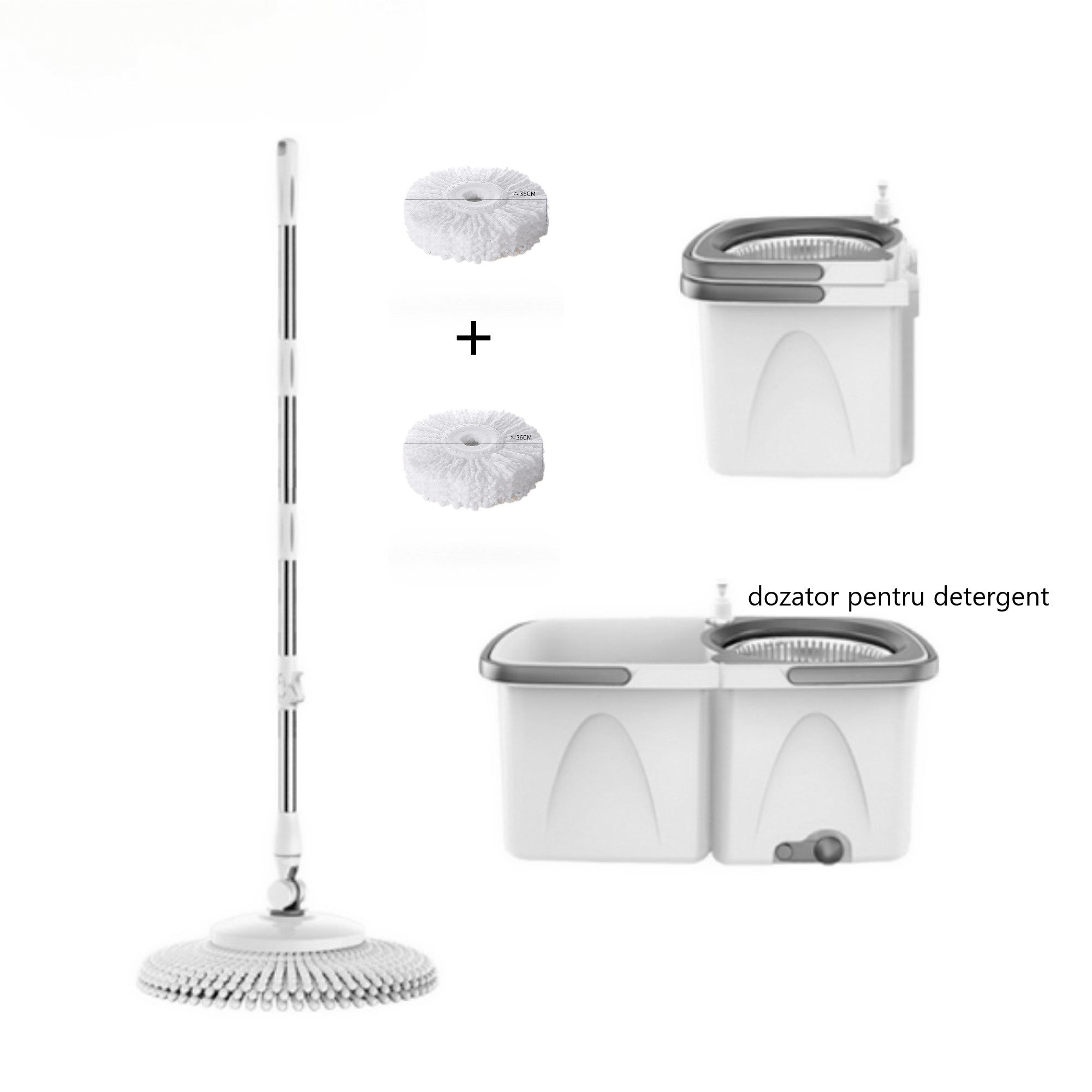 Mop rotativ cu 2 găleți DreamRamp® cu centrifugă din inox antibacterian, mâner si doua rezerve