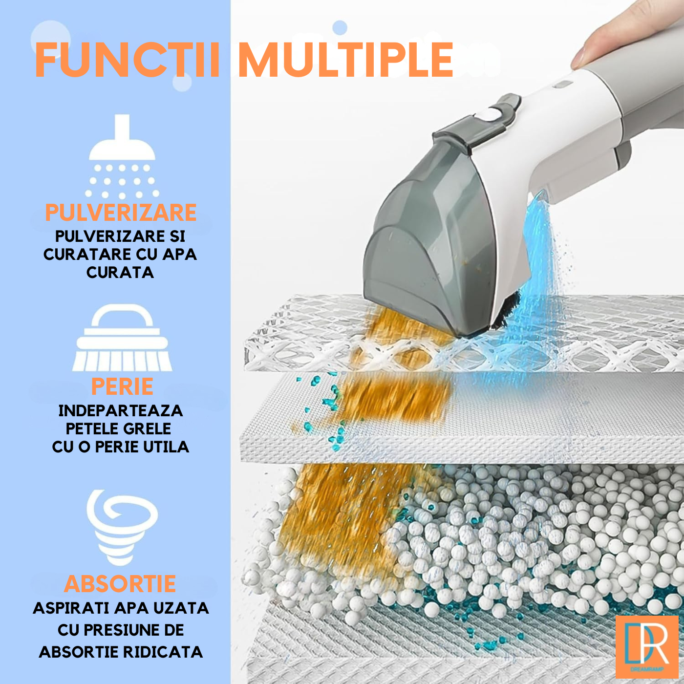 Aspirator profesional 6 în 1 DreamRamp®, funcție umed si uscat pentru curățare canapele, saltele, covoare, scaune auto, rezervor dublu, perii speciale și aspirație puternică pentru murdărie și pete profunde, alb