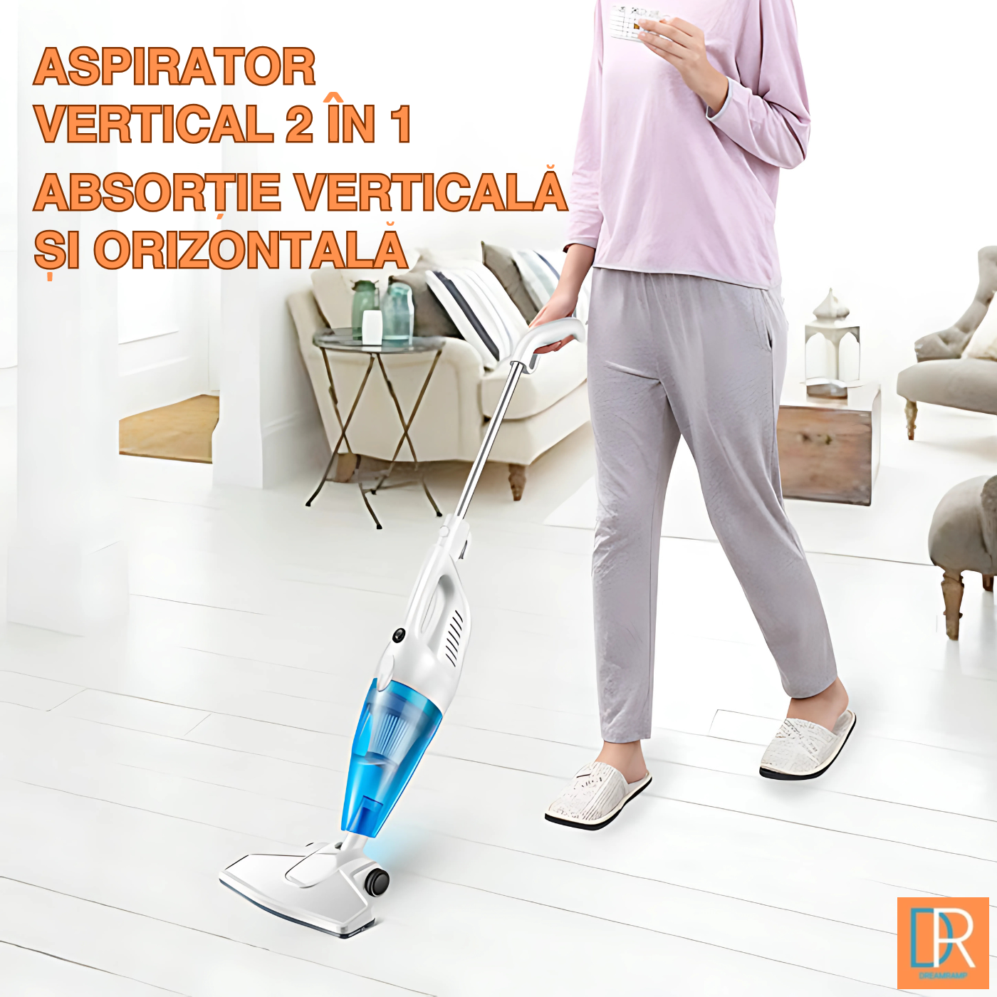 DreamRamp® Corded Upright Vacuum Cleaner 650W, 17kPa, Washable HEPA Filter, Cyclonic System, Low Noise, Light Weight, Ideal for Floors, Carpets and Corners, White