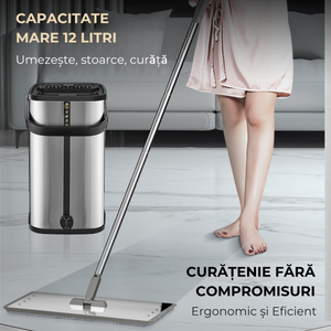 Mop plat cu găleată din inox antibacterian Dreamramp – centrifugă, 2 rezerve – ambalaj Dreamramp