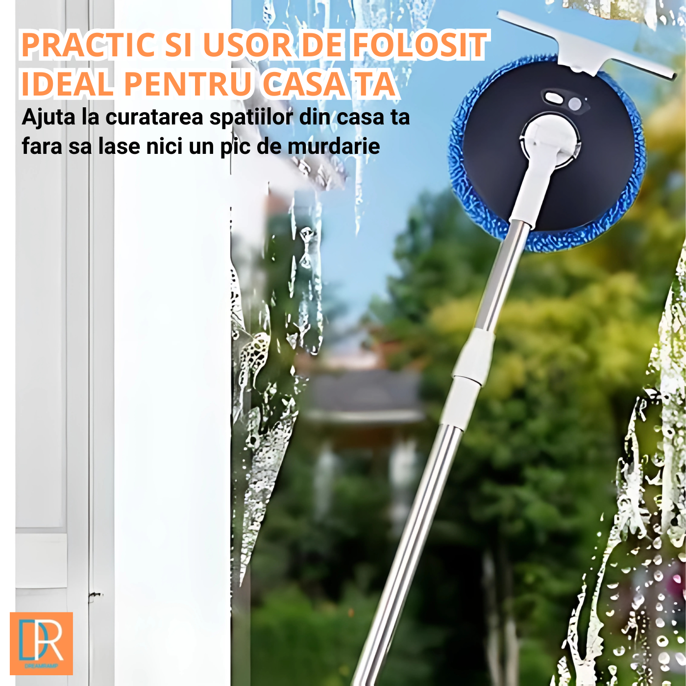 Mop electric rotativ fără fir cu cap 360° DreemRamp®, mâner telescopic reglabil, funcție dublă umed/uscat, ideal pentru curățarea pardoselilor, pereților, geamurilor, mașinilor, ușor de folosit și depozitat