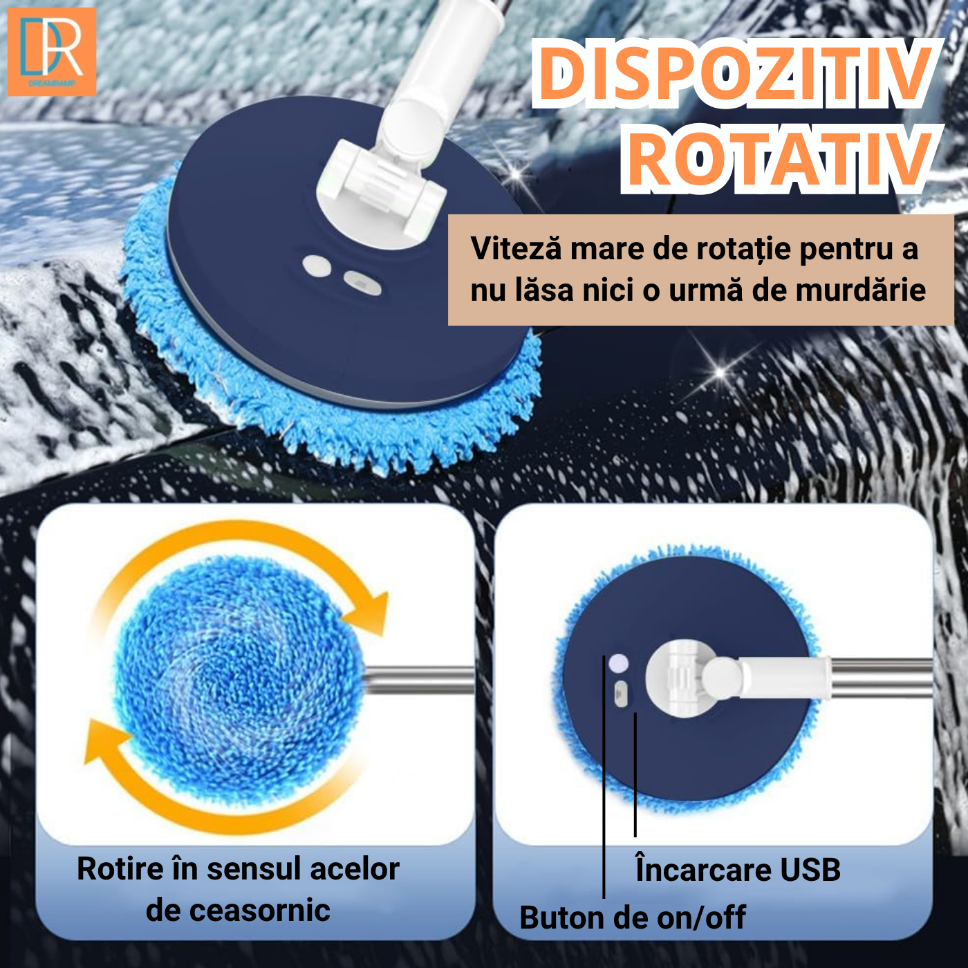 Cordless rotating electric mop with 360° DreamRamp® head, adjustable telescopic handle, dual wet/dry function, ideal for cars, easy to use and store.