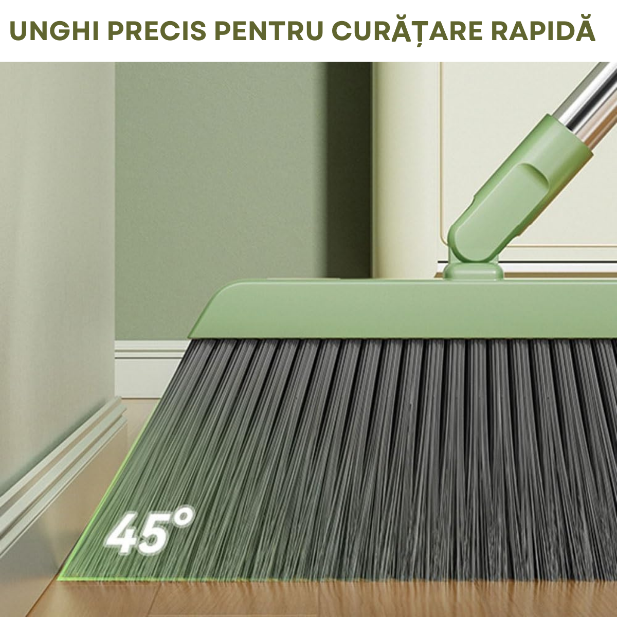 Broom with 45° rotating head, broom and water tee, with cleaning comb and folding system - Green