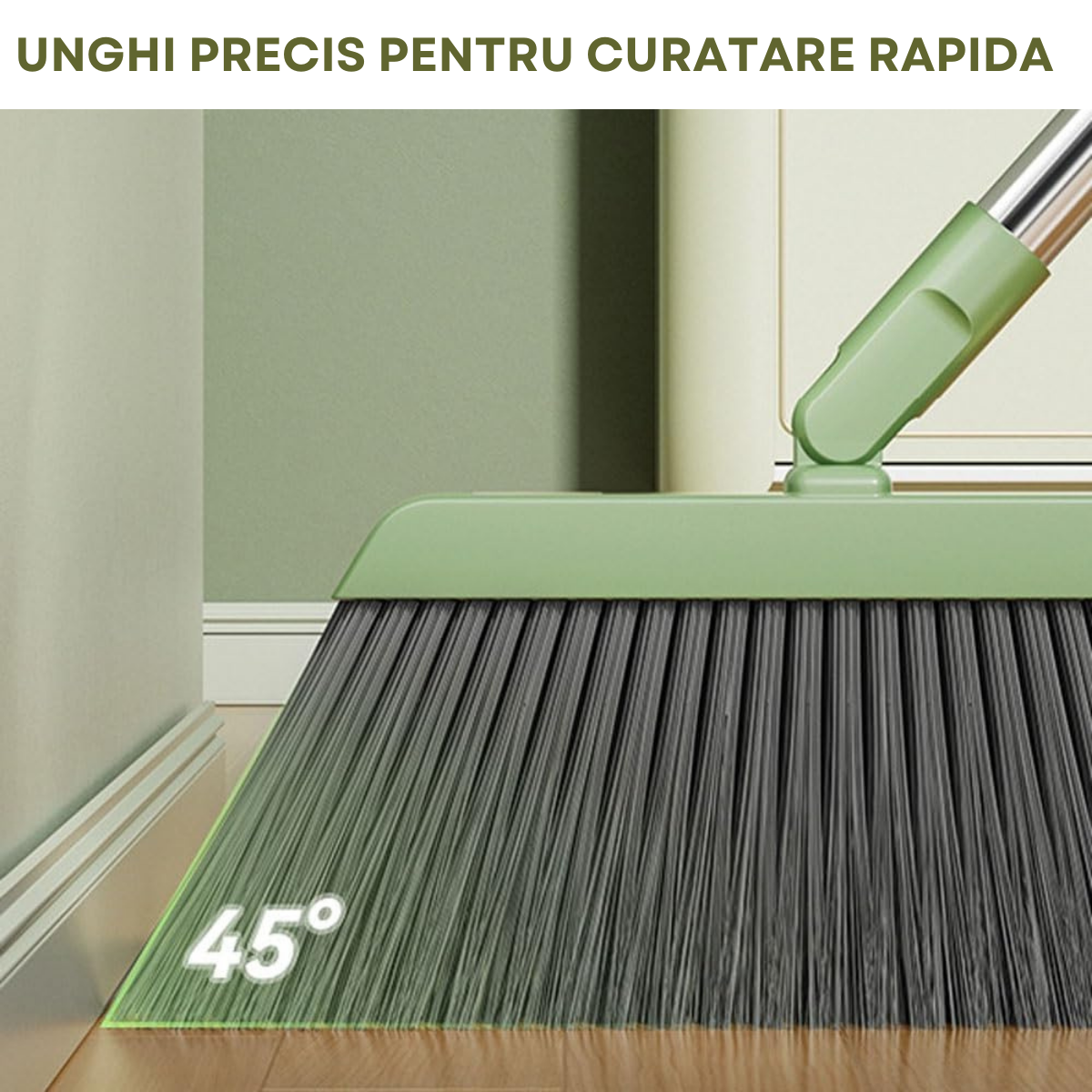 Mătură cu cap rotativ 45°, făraș și teu pentru apă, cu pieptene curățare și sistem pliabil - Verde