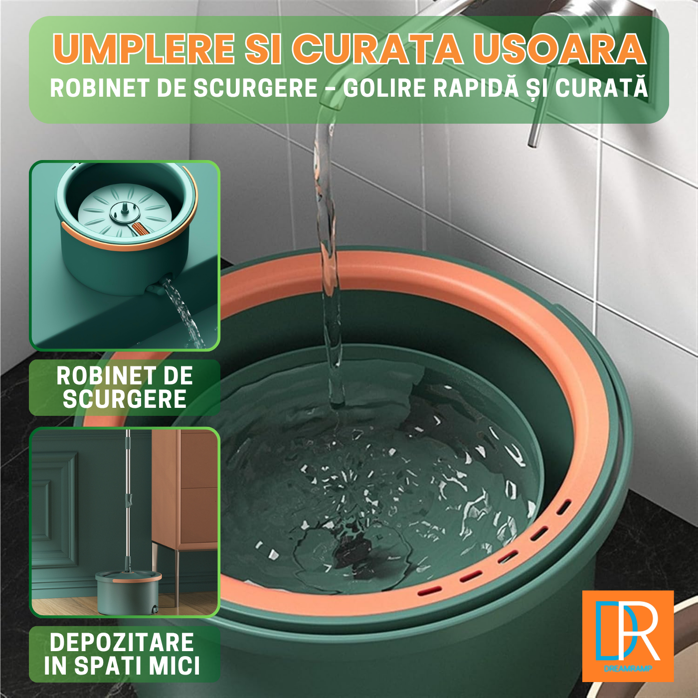 Mop rotativ pătrat cu găleată DreamRamp®, separă apa murdară de cea curată- Verde