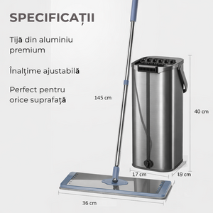 Mop plat cu găleată din inox antibacterian Dreamramp – centrifugă, 2 rezerve – accesorii incluse