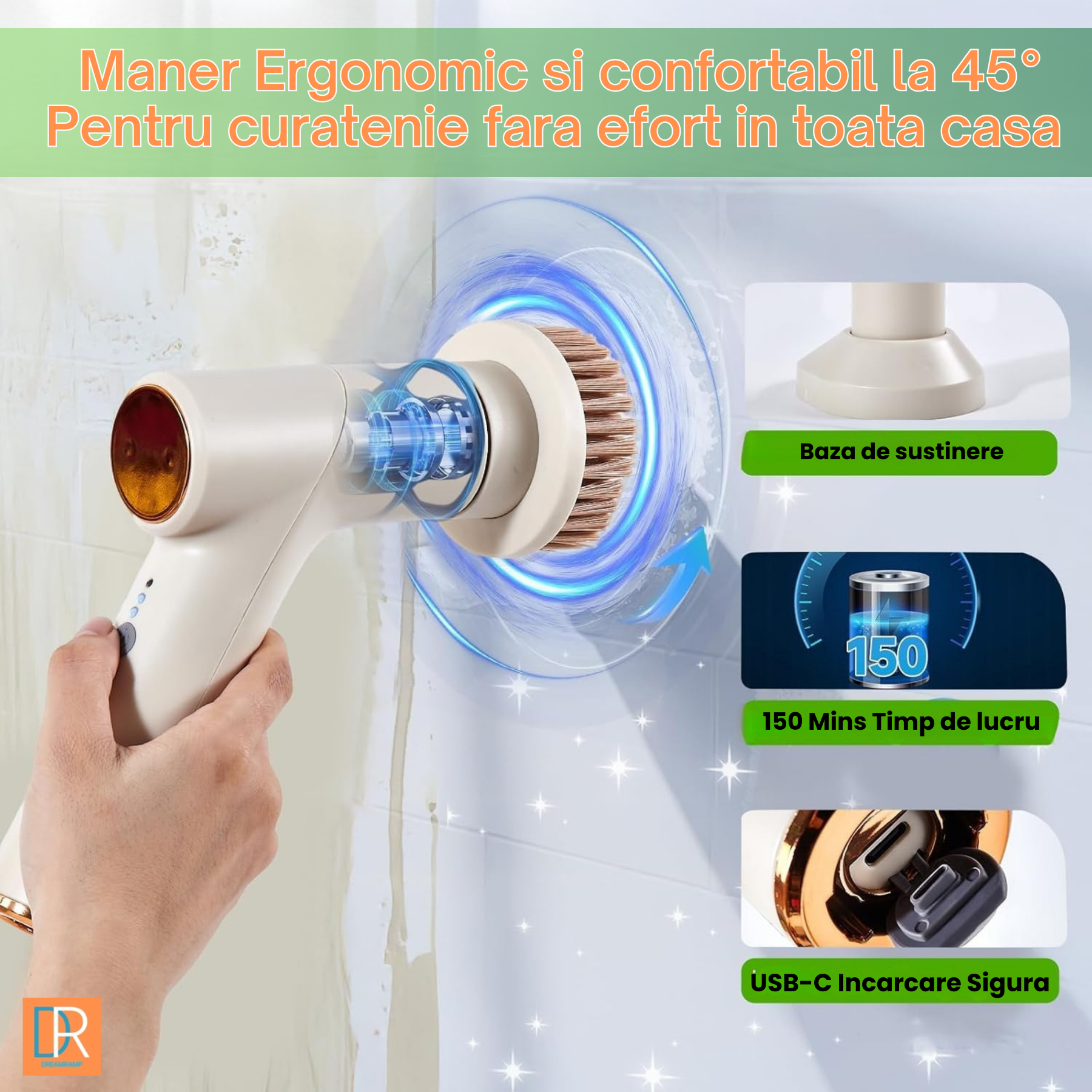 Perie electrică multifuncțională DreamRamp® 7-în-1 cu mâner extensibil