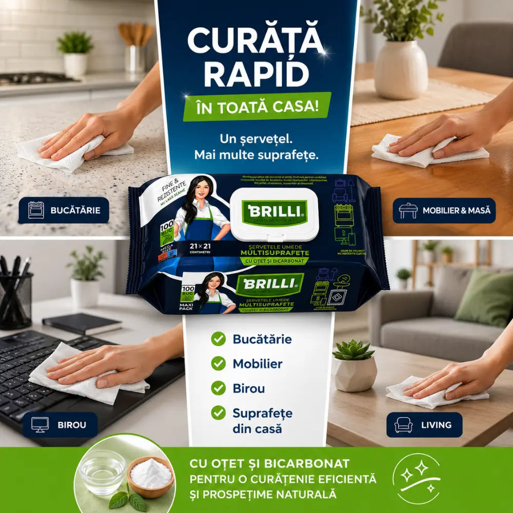 Șervețele Umede Multisuprafețe cu Oțet și Bicarbonat – Set 100 Bucăți