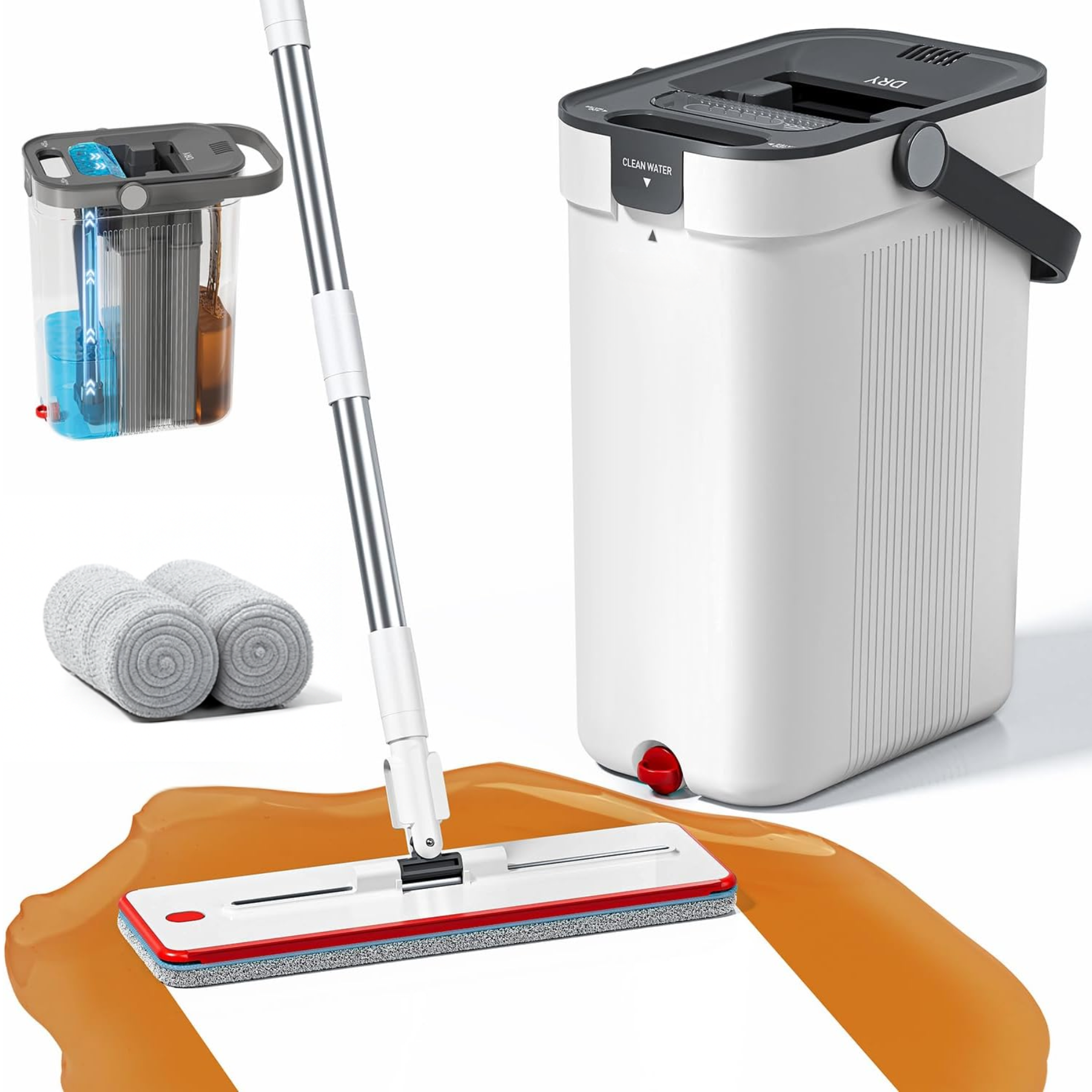 Set mop plat DreamRamp cu găleată cu separare a apei curate și rezerve din microfibră