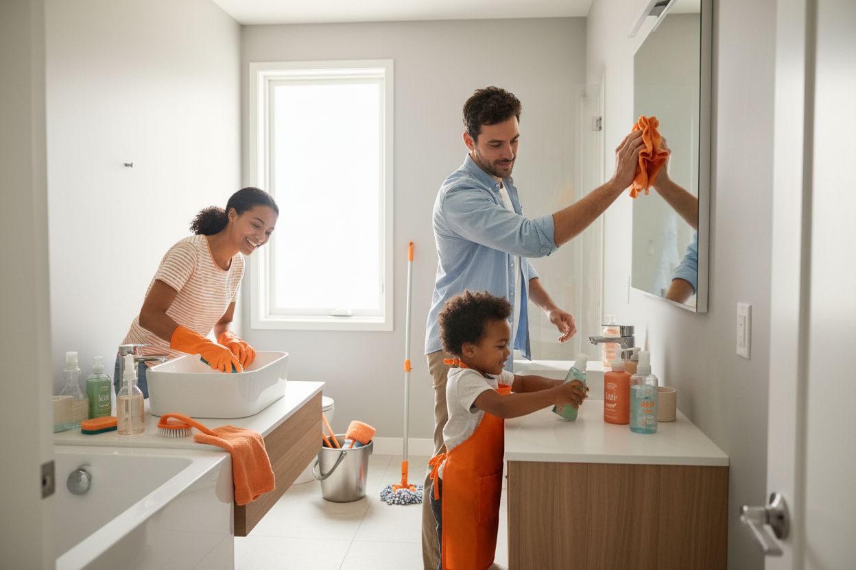 bathroom cleaning, family, checklist