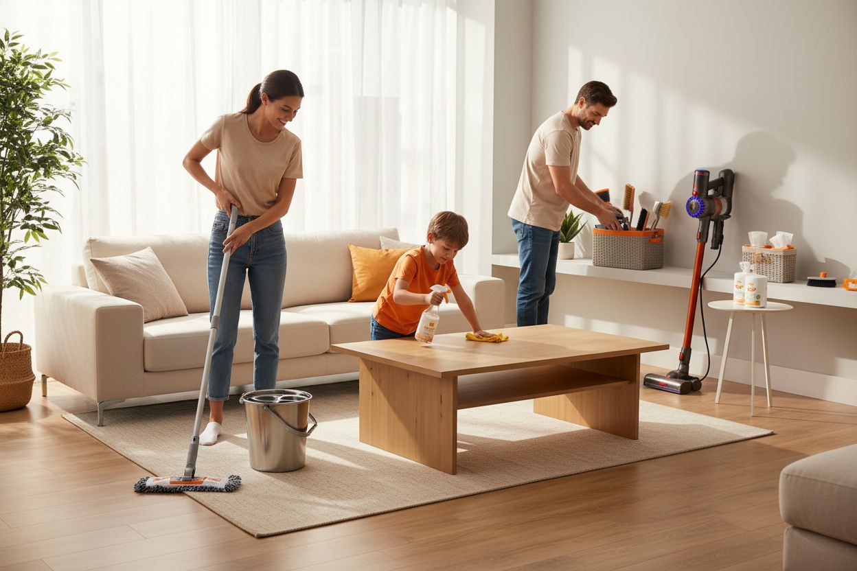 accesorii curățenie, familie curățenie, casă modernă