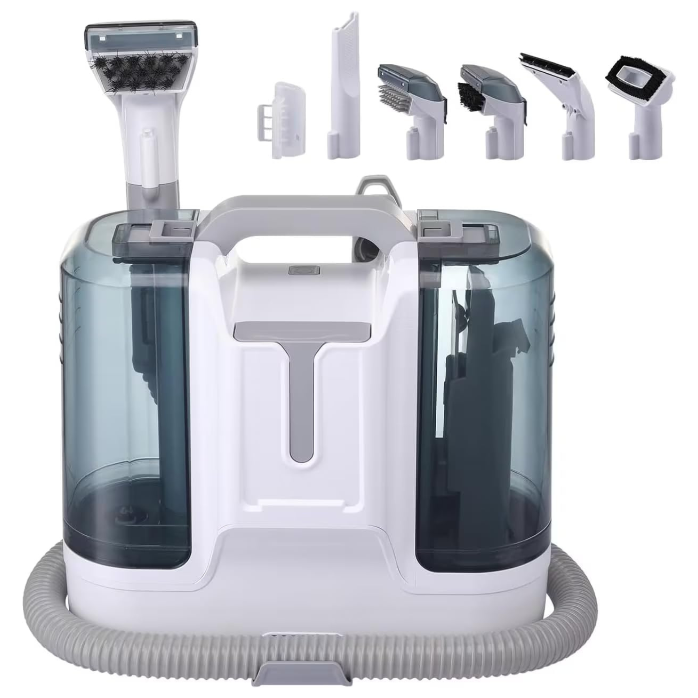 Aspirator profesional 6 în 1 DreamRamp®, funcție umed si uscat pentru curățare canapele, saltele, covoare, scaune auto, rezervor dublu, perii speciale și aspirație puternică pentru murdărie și pete profunde, alb