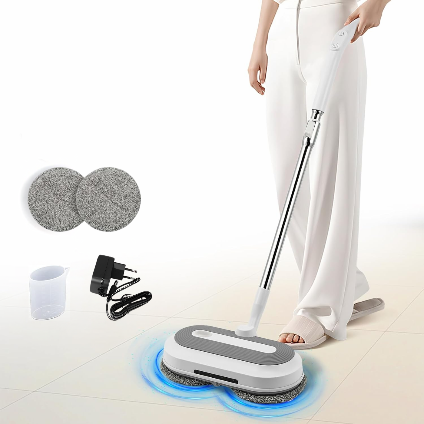 Mop Electric Rotativ cu Pulverizator si lumina LED, DreamRamp®️, Cap Pivotant 180°, Autonomie 50 Min, Baterie Reîncărcabilă 2000mAh, Motor Dual 30W, Curățare Podele, Geamuri, Auto, Alb