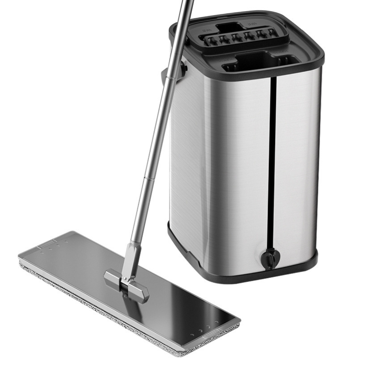 Set DreamRamp galeata mop cu centrifuga din inox galeata dreptunghiulara, finisaj lucios si orificiu de scurgerea a apei cu doua rezerve