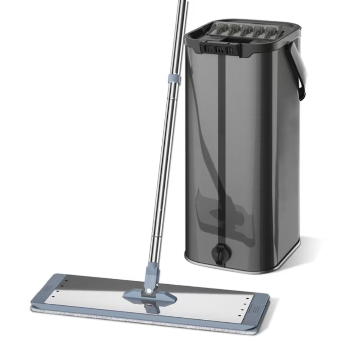 Set galeata mop plat DreamRamp din inox, galeata dreptunghiulara, finisaj lucios si orificiu de scurgerea a apei, cu doua rezerve, Negru