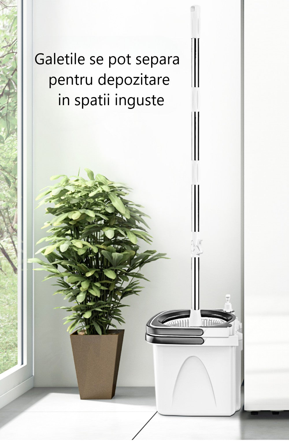 Mop rotativ cu 2 găleți DreamRamp® cu centrifugă din inox antibacterian, mâner și roți