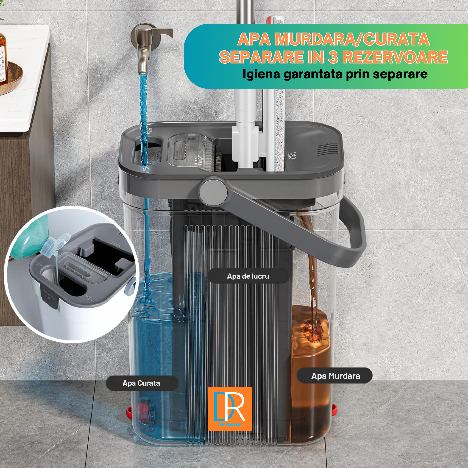 DreamRamp Platte Mop met Emmer 2-in-1 – Zelfreinigend &amp; Zelfuitwringend - 2 Pads