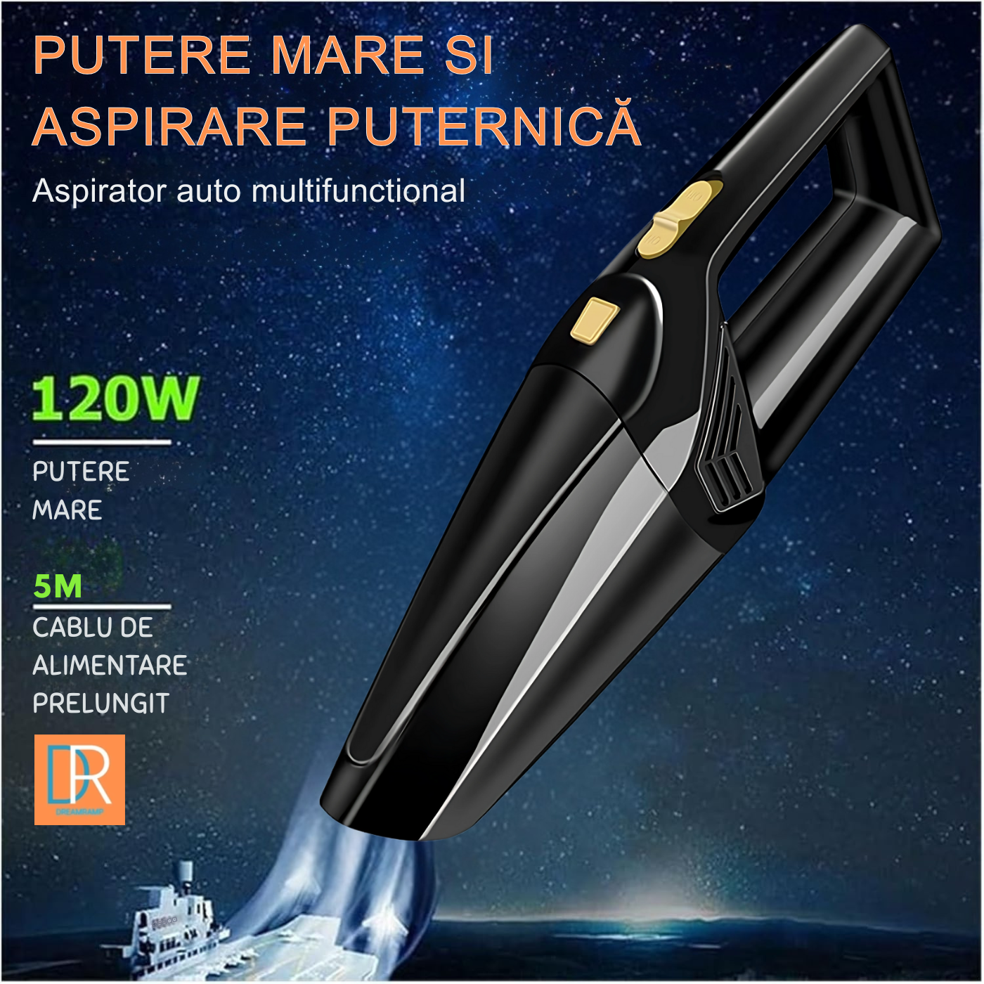 Aspirator Auto Portabil DreamRamp®, 4500Pa Putere Mare Fără Fir Mini Compact HEPA Curățare Rapidă pentru Mașină SUV Rulotă Ergonomic Reîncărcabil Accesorii pentru Praf Firimituri Păr Animale Negru