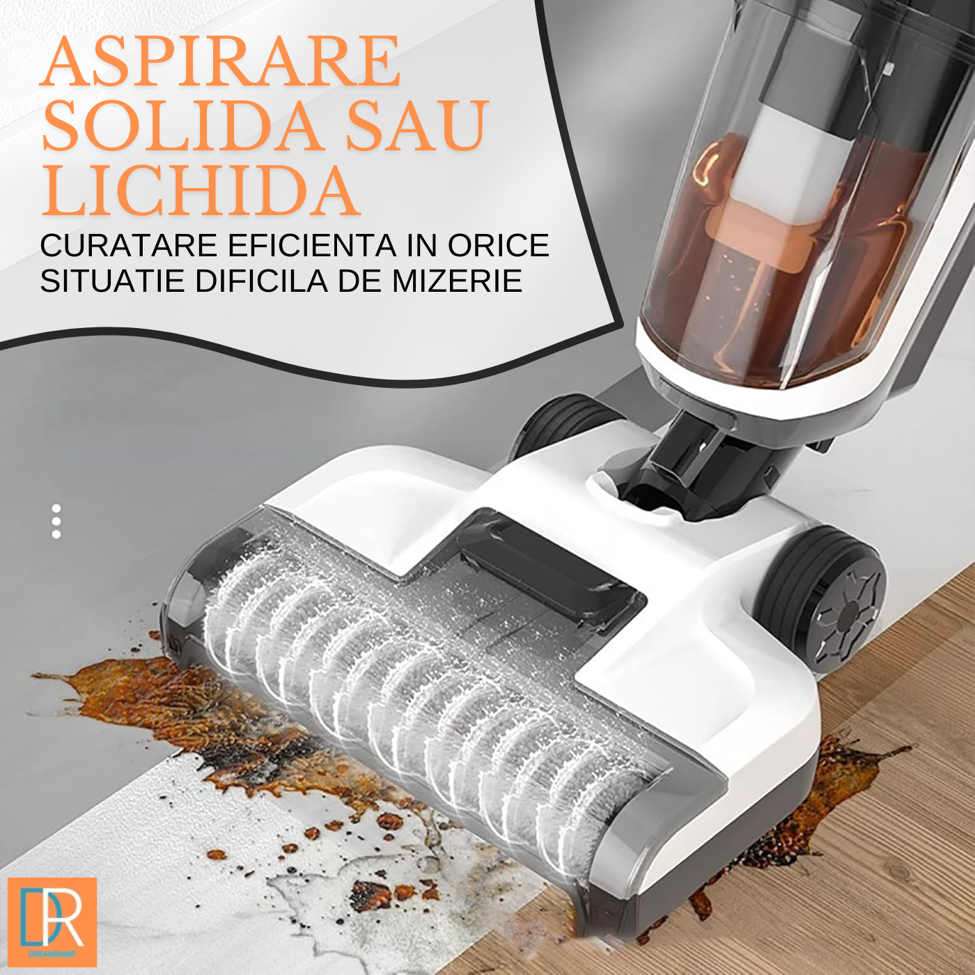 Aspirator vertical fără fir 3-în-1 cu mop automat DreamRamp®,, funcție umed-uscat, autocurățare inteligentă, afișaj LED color, motor digital puternic, autonomie 40 minute, curățare podele, covoare, suprafețe dure, design ergonomic silențios, Alb
