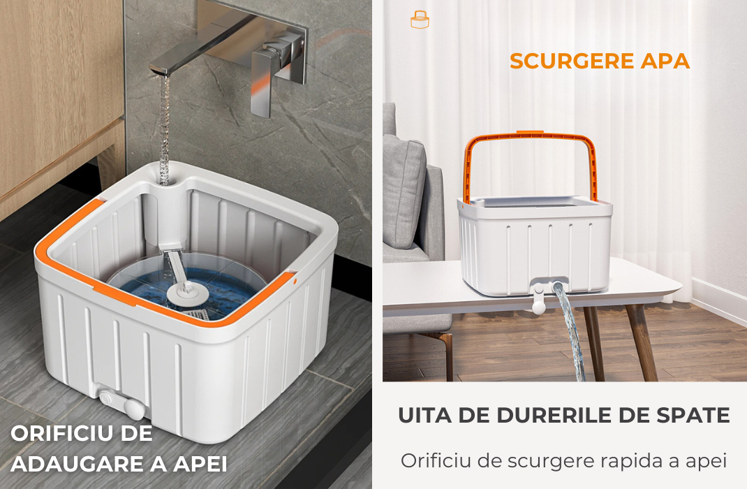 Mop rotativ rotund cu găleată DreamRamp®, separă apa murdară de cea curată – Alb + portocaliu
