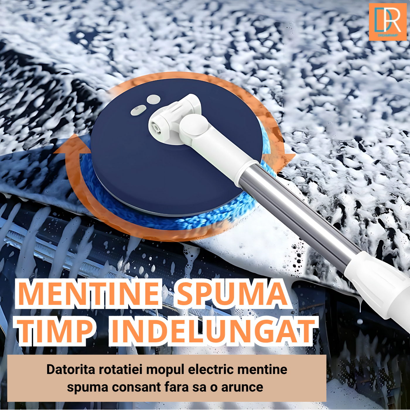 Mop electric rotativ fără fir cu cap 360° DreemRamp®, mâner telescopic reglabil, funcție dublă umed/uscat, ideal pentru curățarea pardoselilor, pereților, geamurilor, mașinilor, ușor de folosit și depozitat