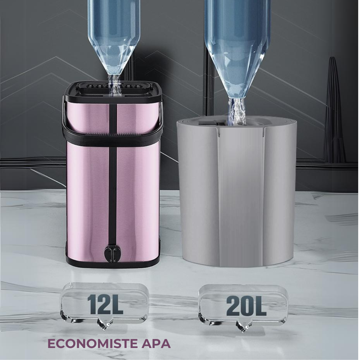 Set DreamRamp galeata mop cu centrifuga din inox galeata dreptunghiulara roz, finisaj lucios si orificiu de scurgerea a apei cu doua rezerve