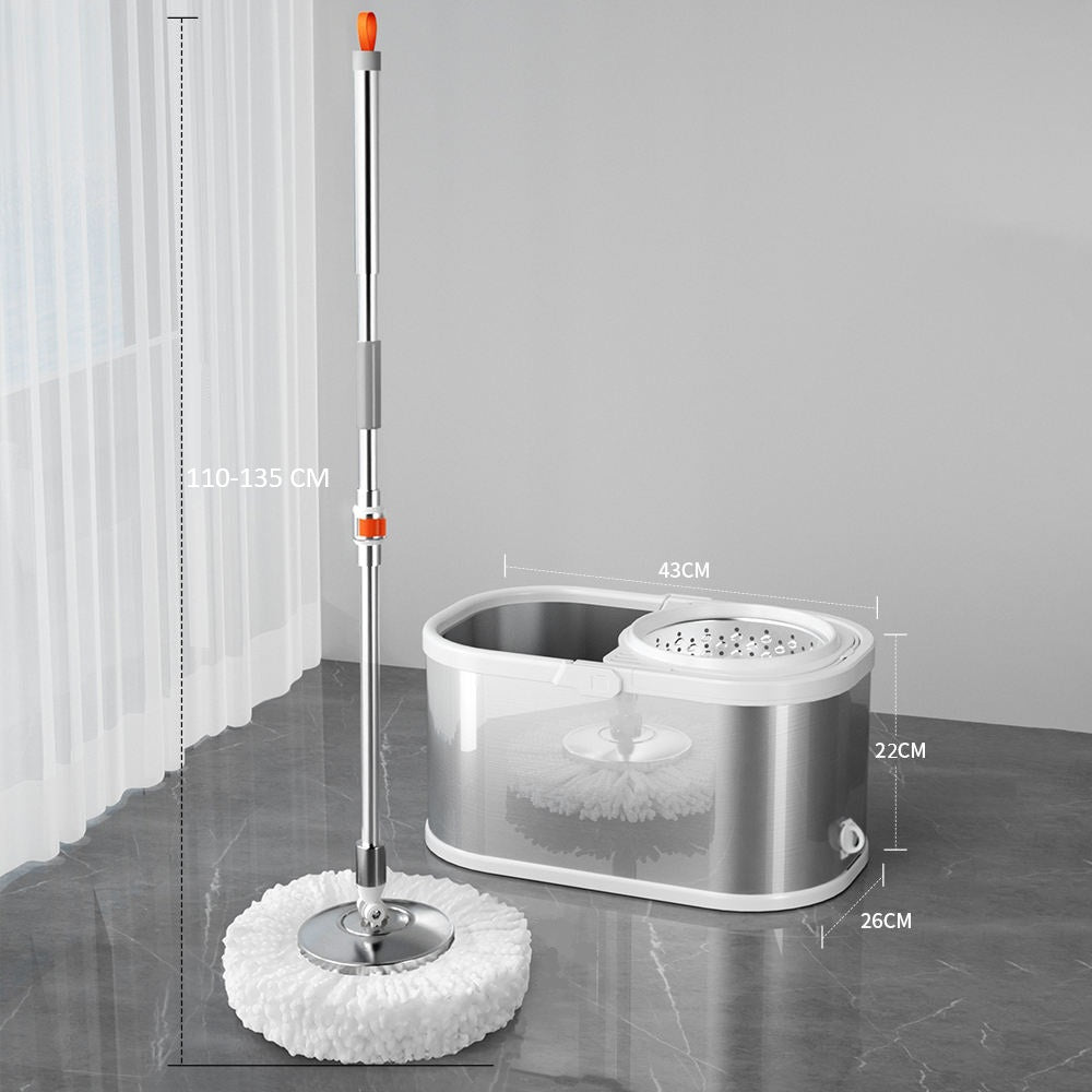 DreamRamp® Spin Mop with Antibacterial Stainless Steel Bucket, with Drain Hole - Silver and Cream Edge