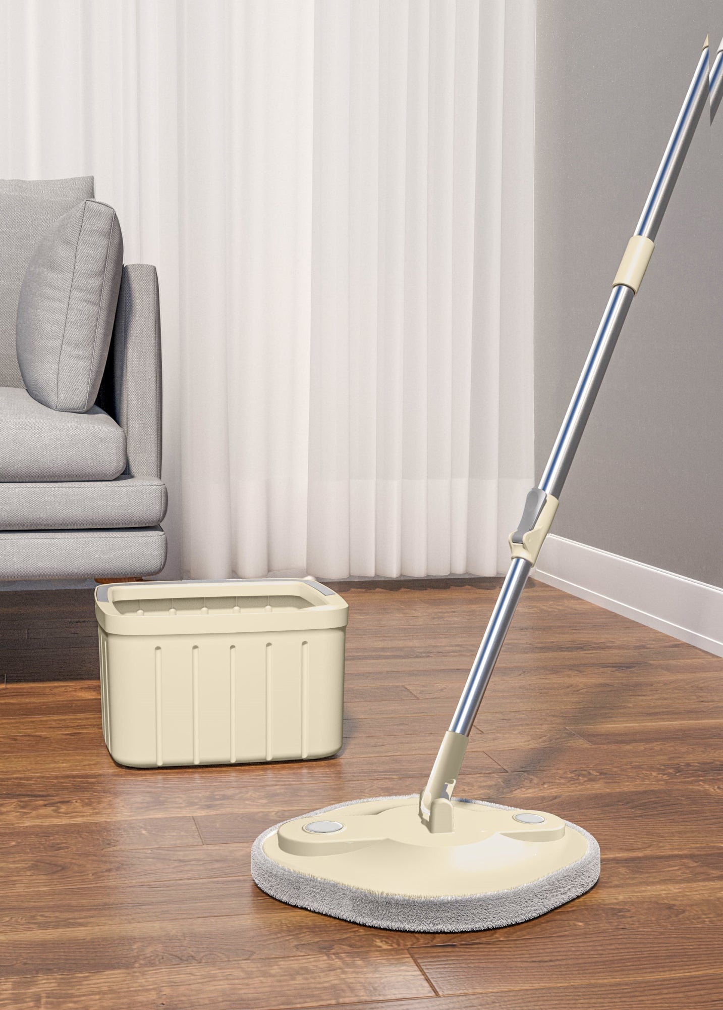 Mop rotativ rotund cu găleată DreamRamp®, separă apa murdară de cea curată – Bej