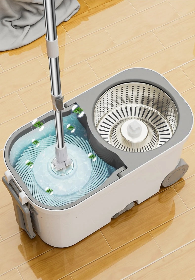 Mop rotativ cu găleată DreamRamp® cu mâner și roți, centrifugă din inox antibacterian + 2 rezerve