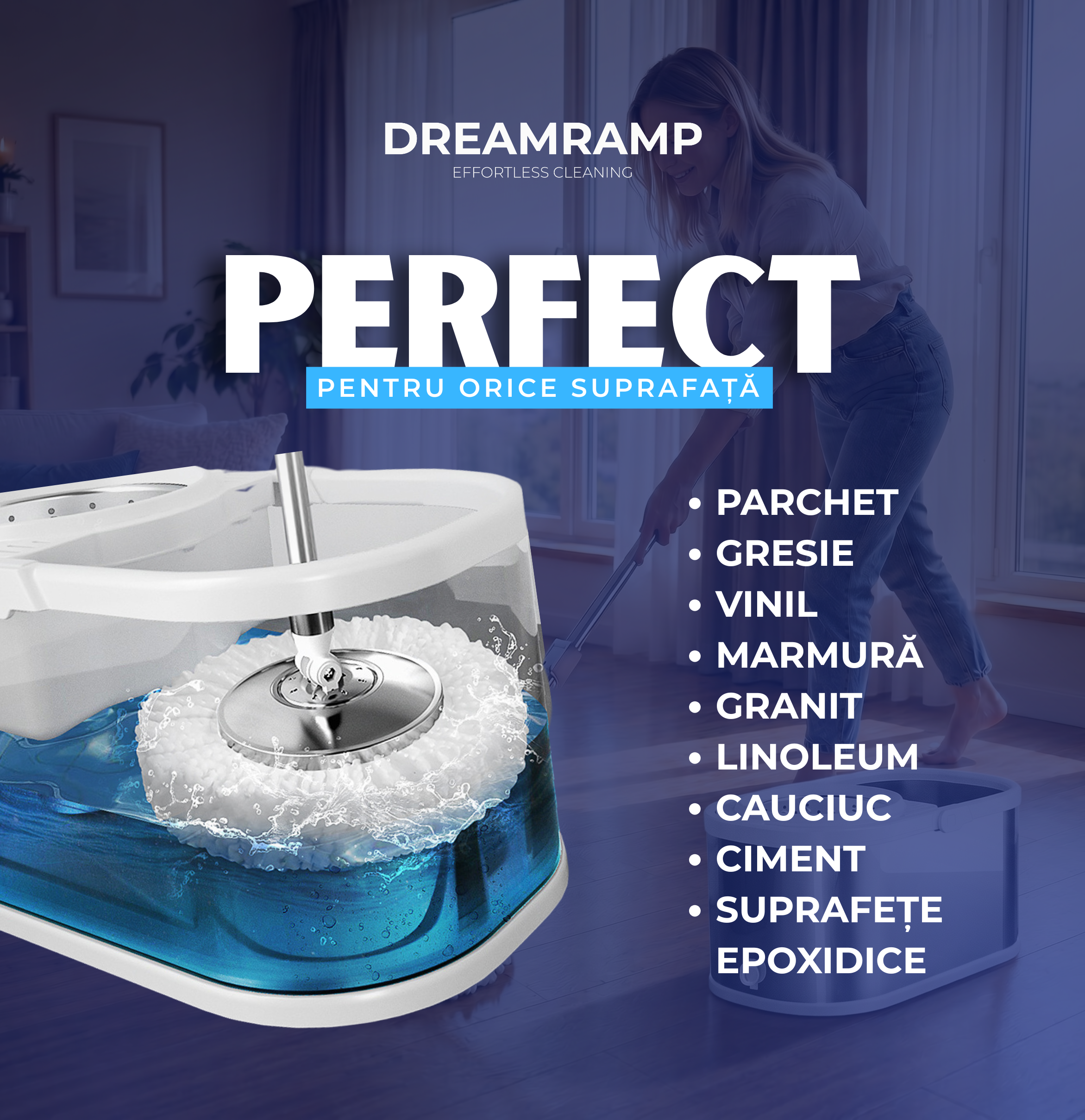 ドリーム　dream AD-70LP コバルトSP Mop rotativ cu găleată și roți DreamRamp® din inox antibacterian - Ver