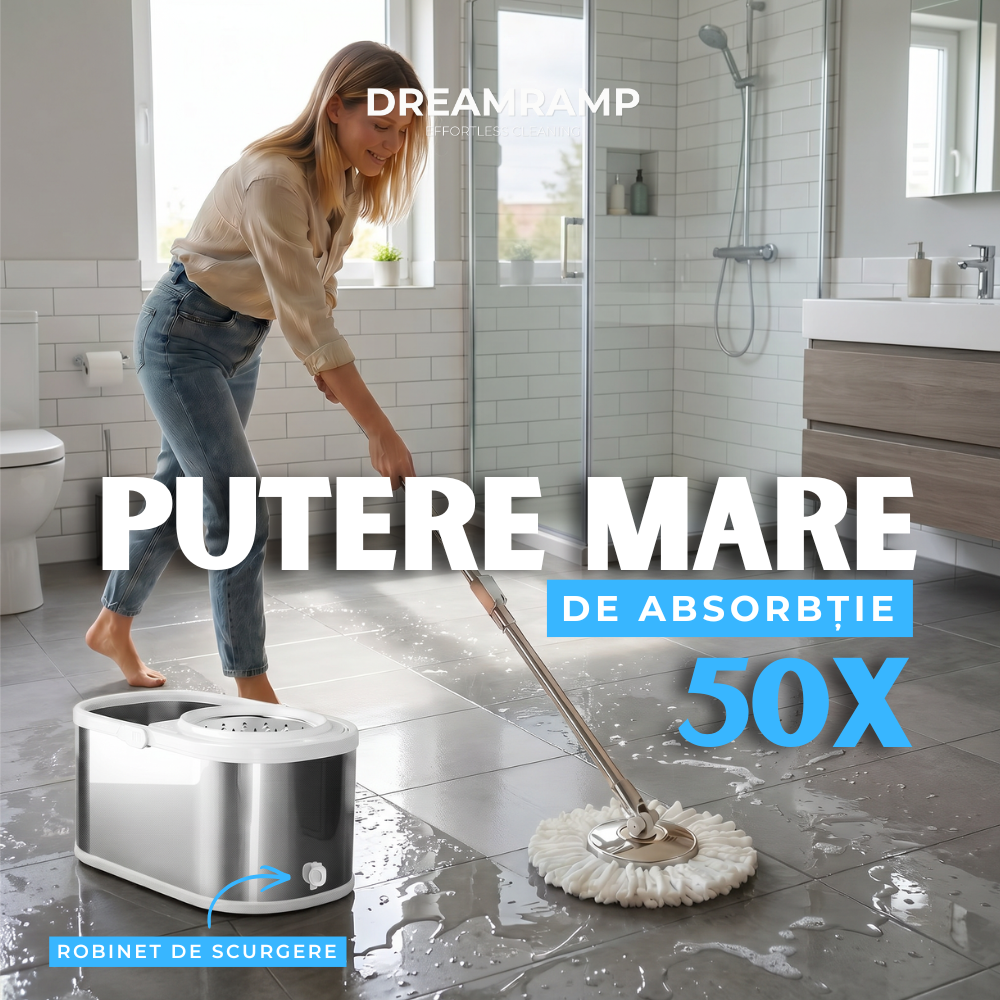 Mop rotativ cu găleată DreamRamp® din inox antibacterian, cu orificiu scurgere - Argintiu si marginea crem