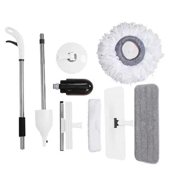 Mop cu pulverizator 3 în 1: mop rotund, mop plat și racletă pentru spălare geamuri