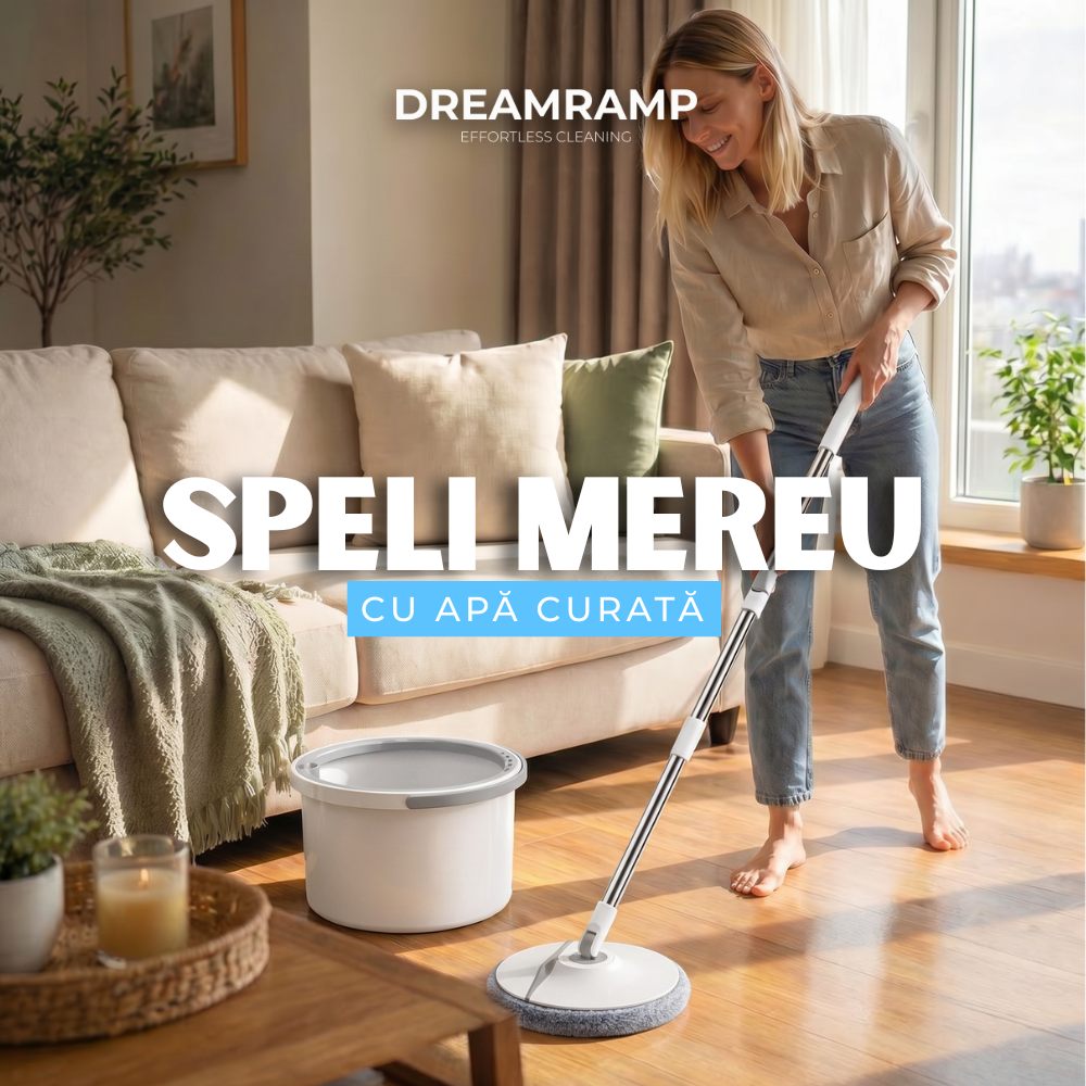 EINZIGARTIG in Rumänien!! Drehbarer Wischmopp mit 90°-Biegung für Fußleisten und Ecken + DreamRamp®-Eimer – Grau