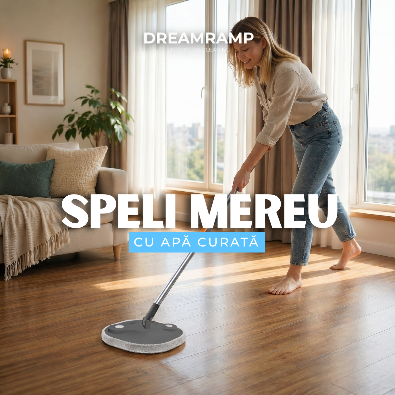 DreamRamp® Quadratischer Wischmopp mit Eimer, halbtrocken, für empfindliche Böden – Grau + Orange