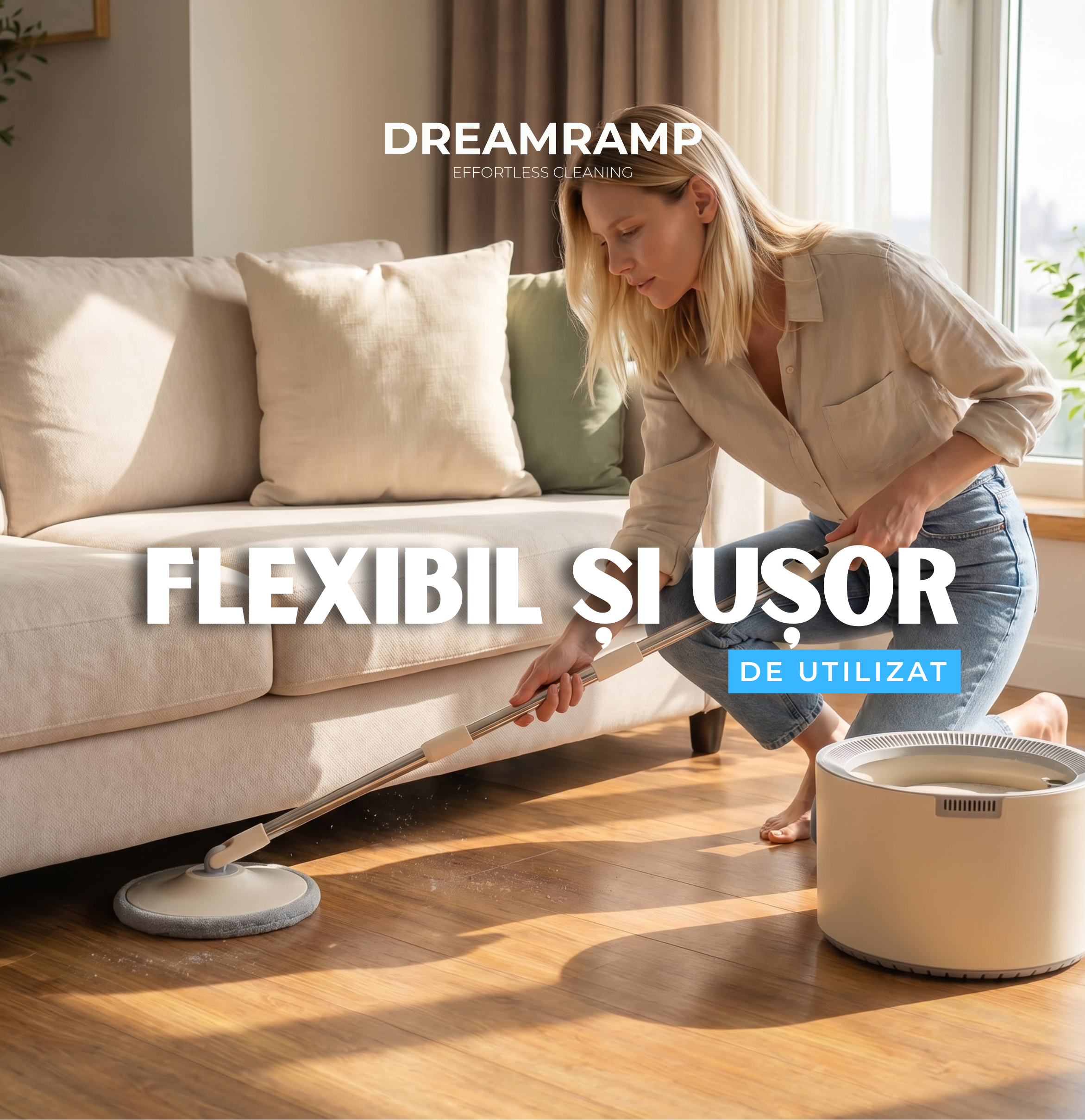 Mop electric DreamRamp folosit pentru curățarea sub canapea pe parchet
