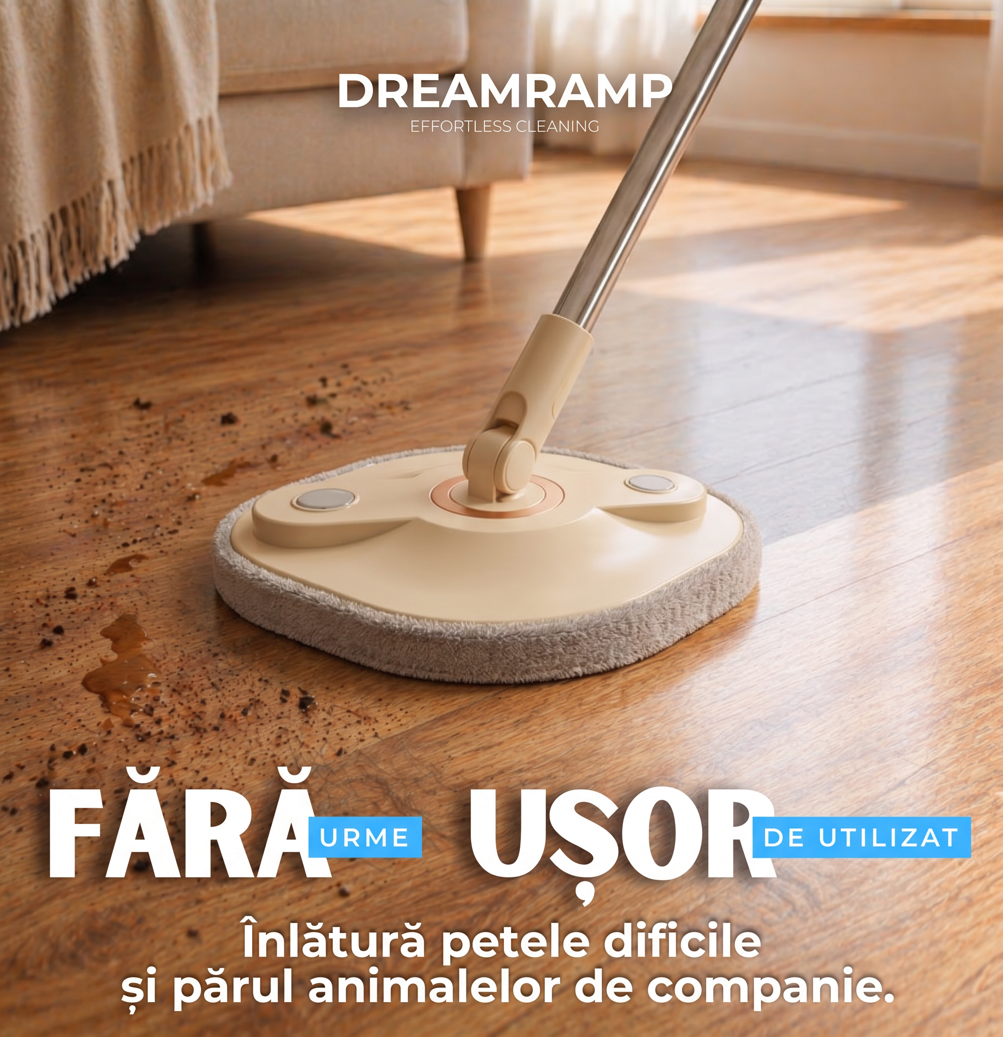 Mop rotativ pătrat DreamRamp bej curățând petele de pe parchet fără urme