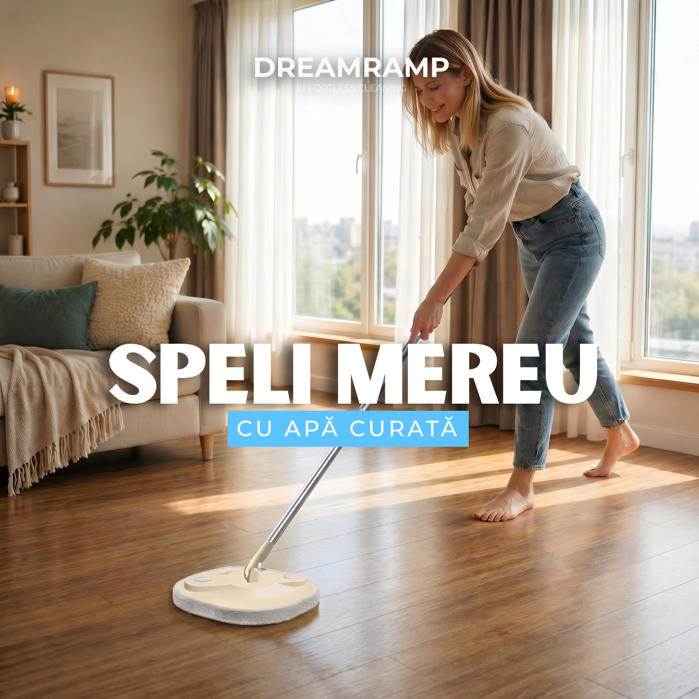 Mop rotativ pătrat DreamRamp bej, folosit pe parchet în living