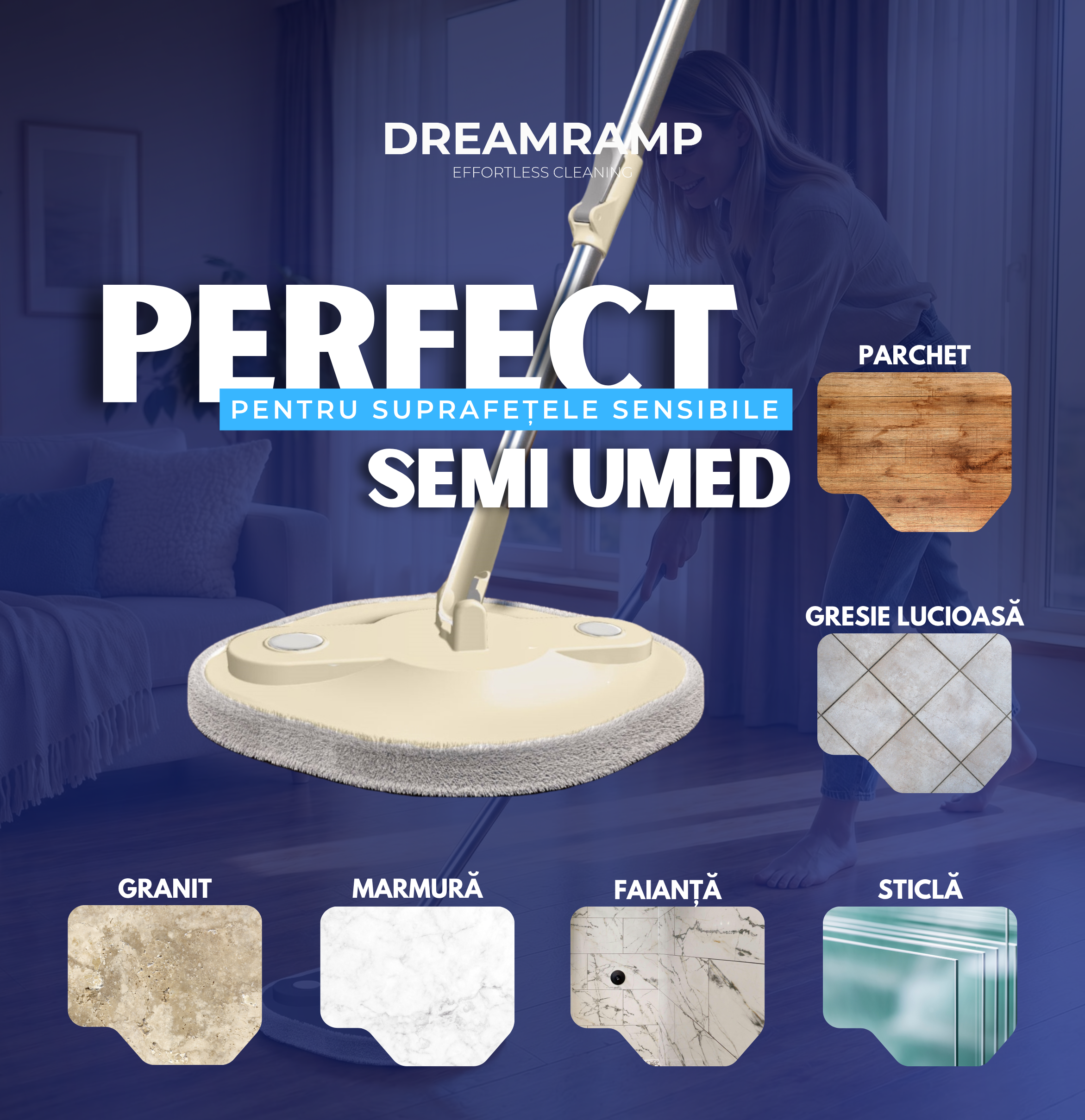 Mop rotativ pătrat DreamRamp bej semi-umed, pentru parchet, gresie lucioasă și suprafețe sensibile