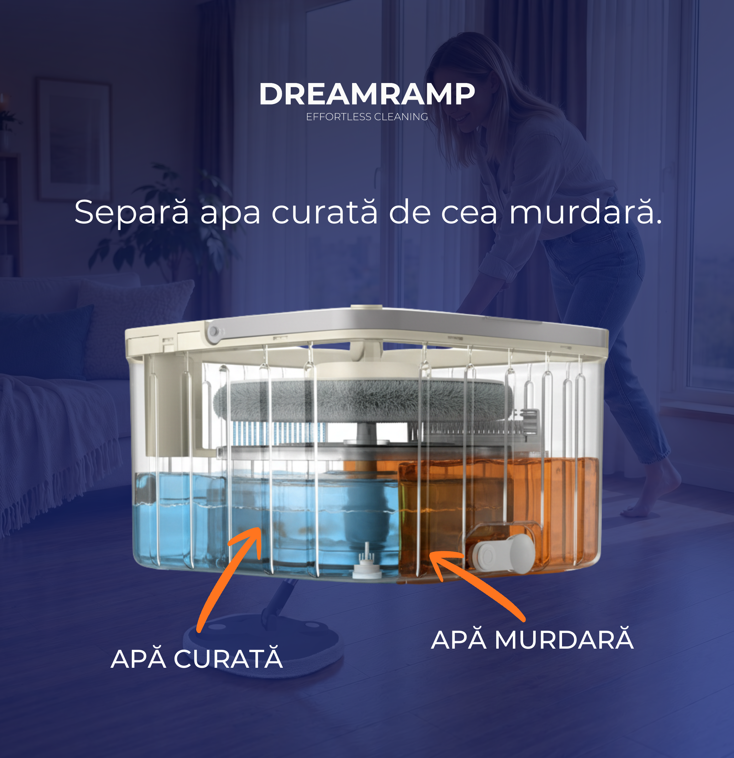 Secțiune prin găleata bej DreamRamp care separă apa curată de cea murdară