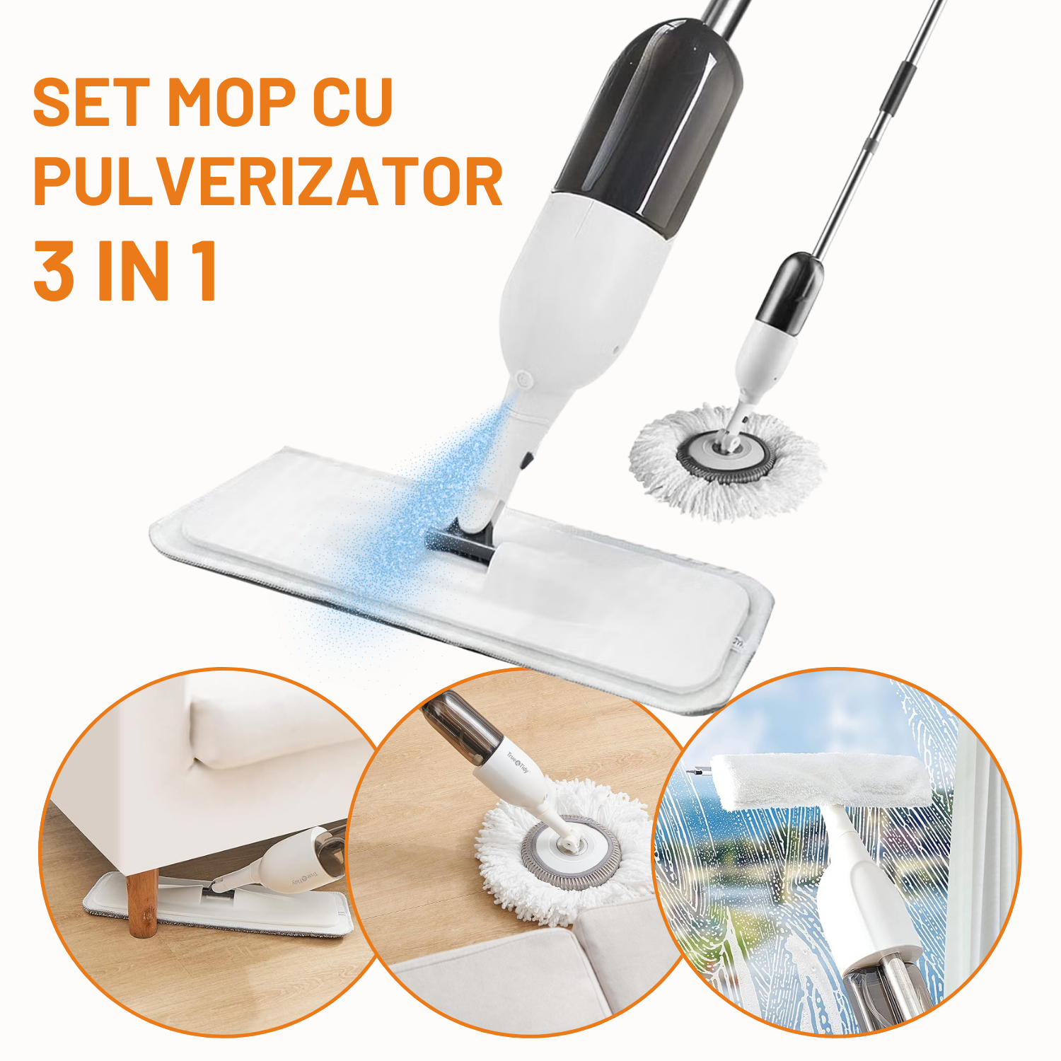 Mop cu pulverizator 3-în-1 DreamRamp® – plat, rotund și racletă