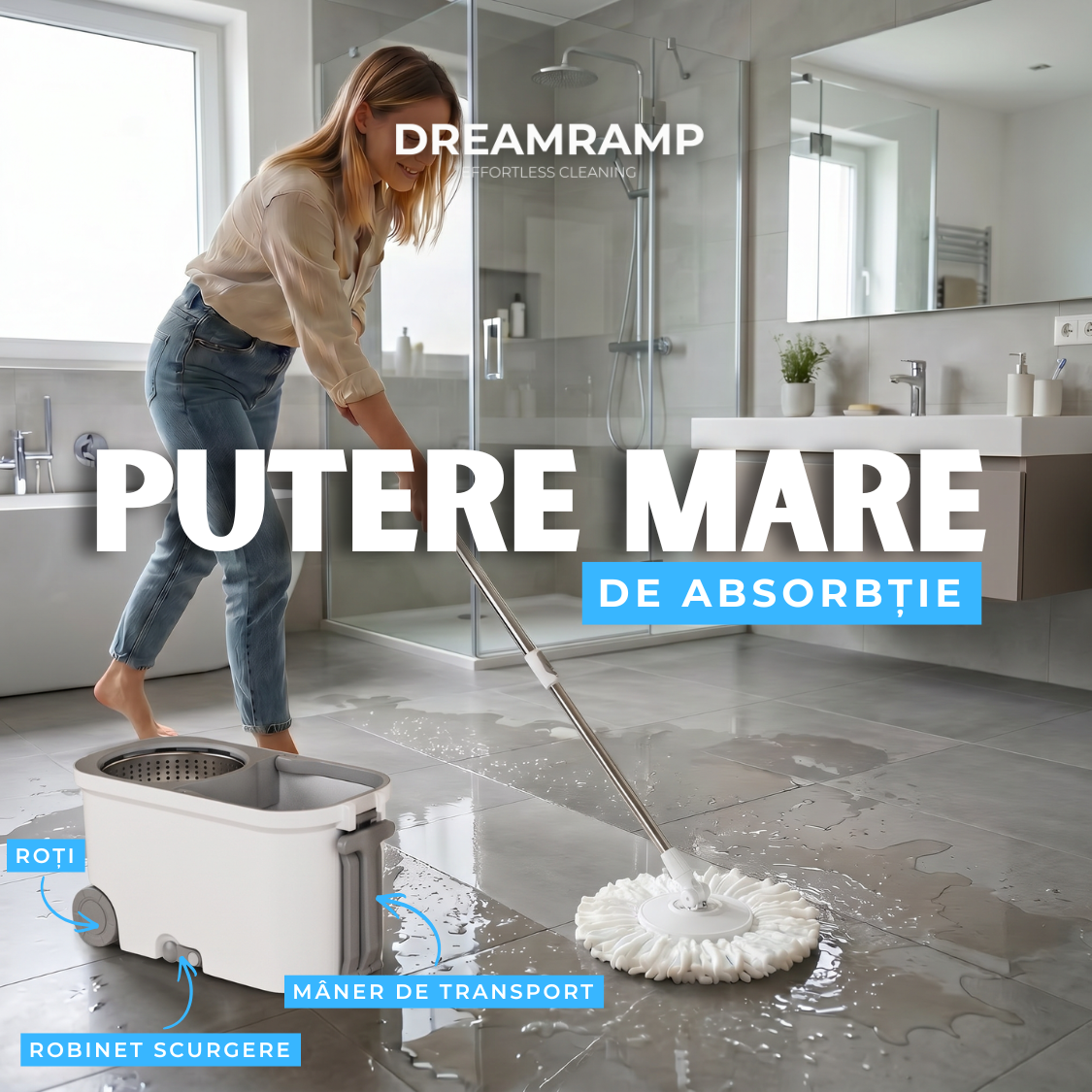 DreamRamp® rotating mop with bucket with handle and wheels, antibacterial stainless steel spinner + 2 refills
