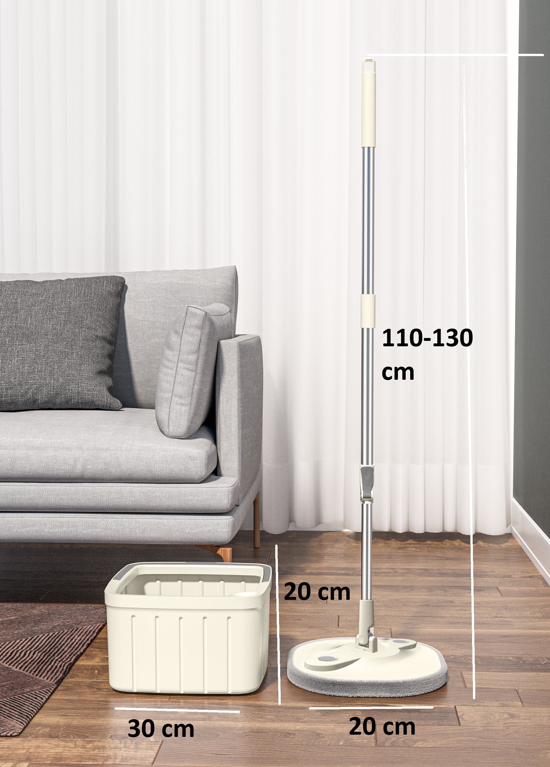 Dimensiunile setului mop pătrat DreamRamp bej: tijă, mop și găleată