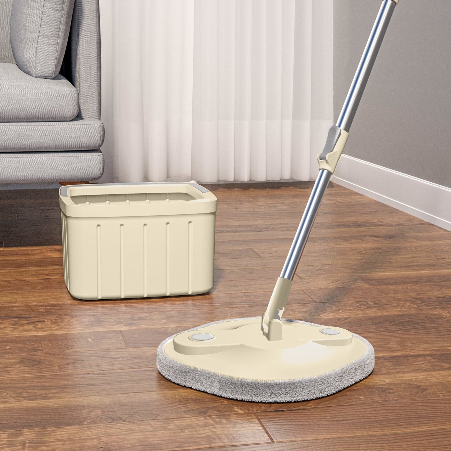 Set mop rotativ pătrat DreamRamp cu găleată bej, în locuință